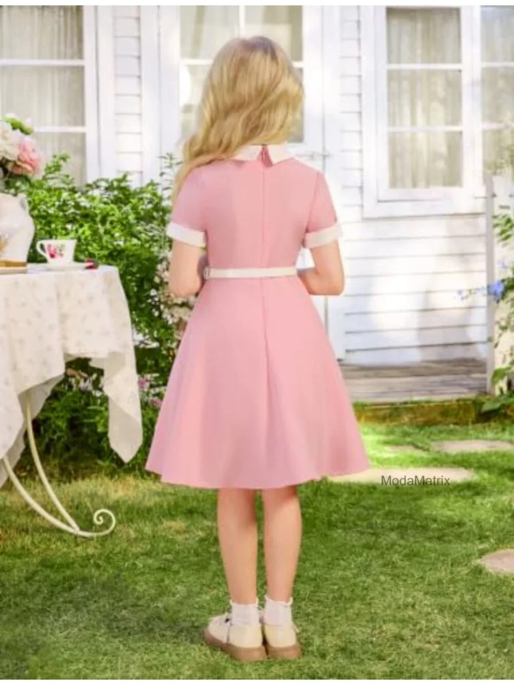 Girls 1950s Vintage Swing Dress with Belt Rockabilly Audrey Hepburn Style Short